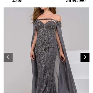 JVN by Jovani Off-Shoulder Silver Gown